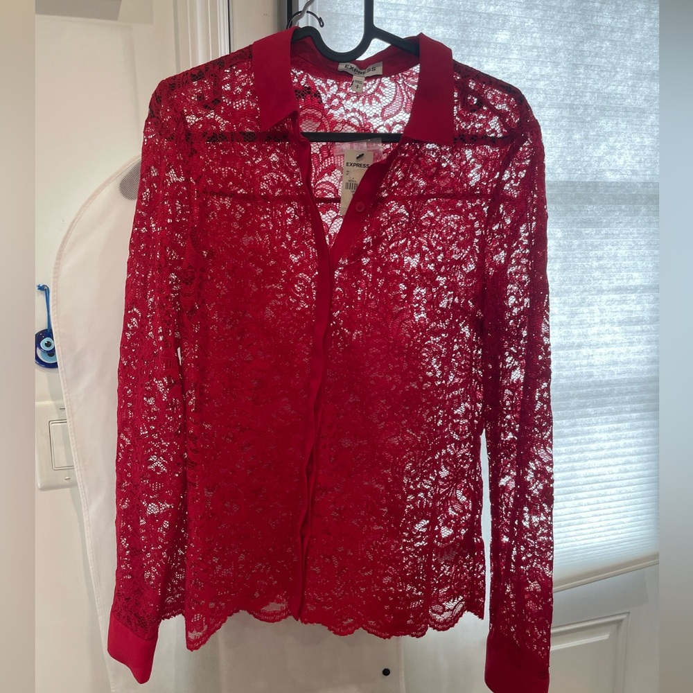 Elegant Slim Fit Portofino style Red Lace Button Down Blouse from Express